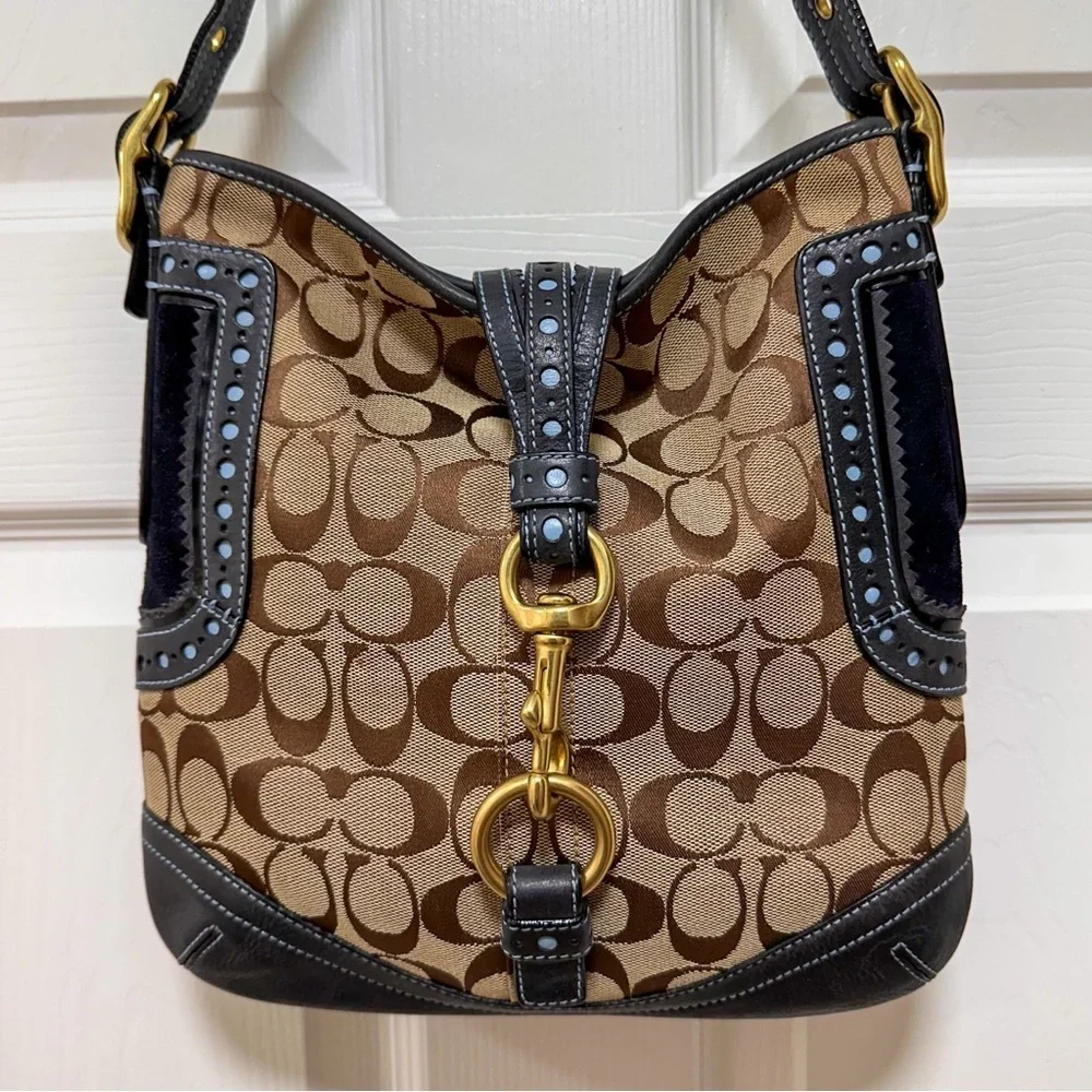 Coach Legacy Hobo Bag Signature Jacquard Perforated Navy Leather